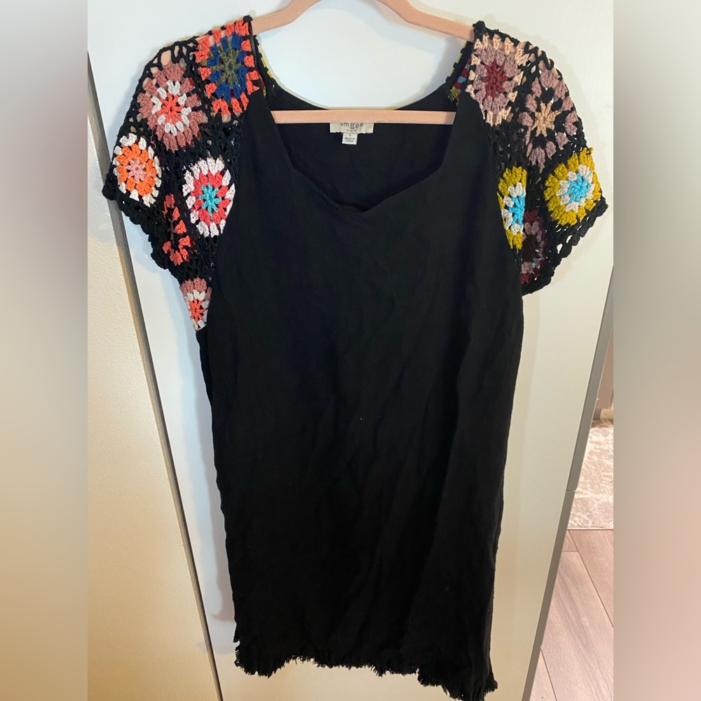 Umgee large black midi dress with knitted floral pattern shoulders
